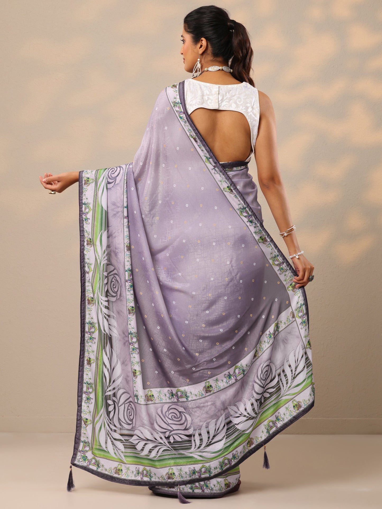 Lavender Printed Silk Blend Sarees With Unstitched Blouse Piece