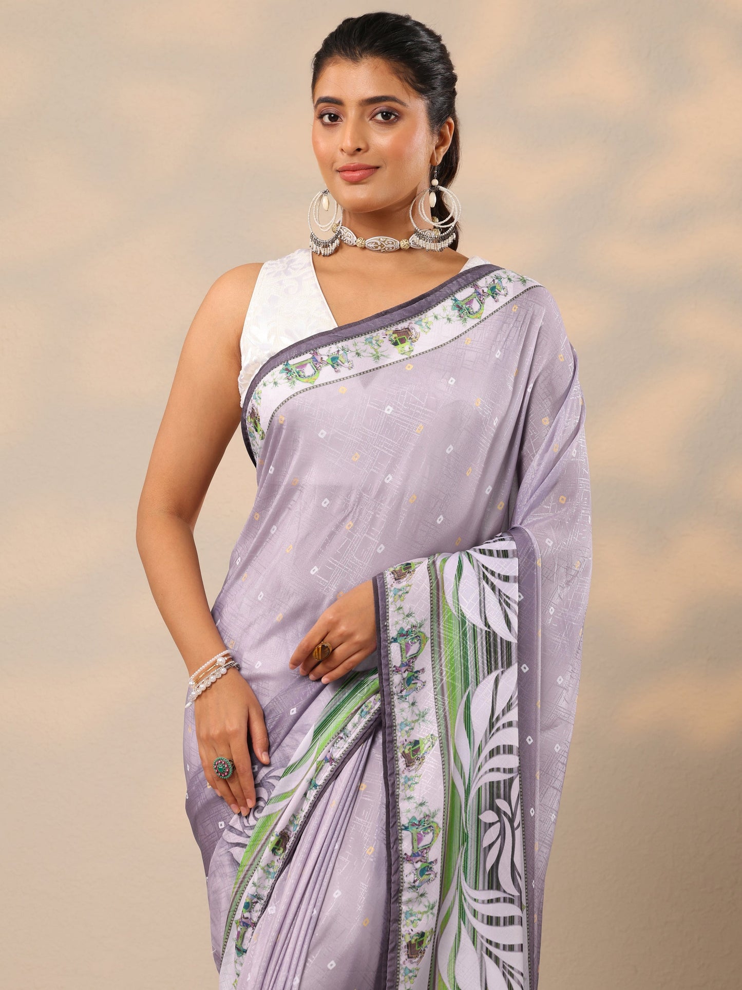Lavender Printed Silk Blend Sarees With Unstitched Blouse Piece