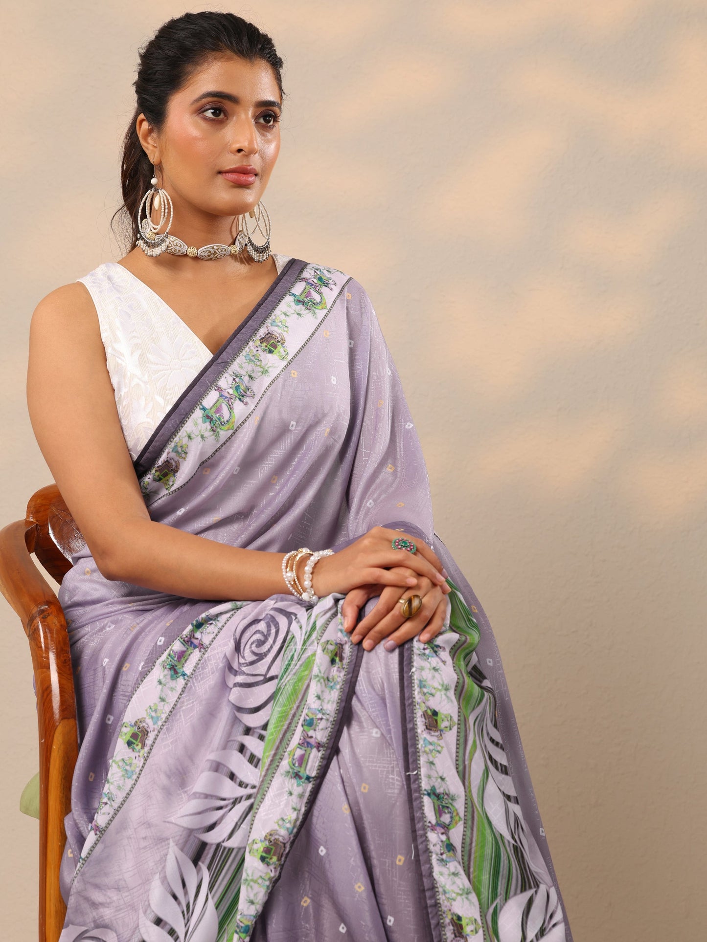 Lavender Printed Silk Blend Sarees With Unstitched Blouse Piece