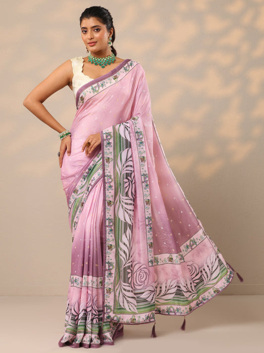 Pink Printed Silk Blend Sarees With Unstitched Blouse Piece