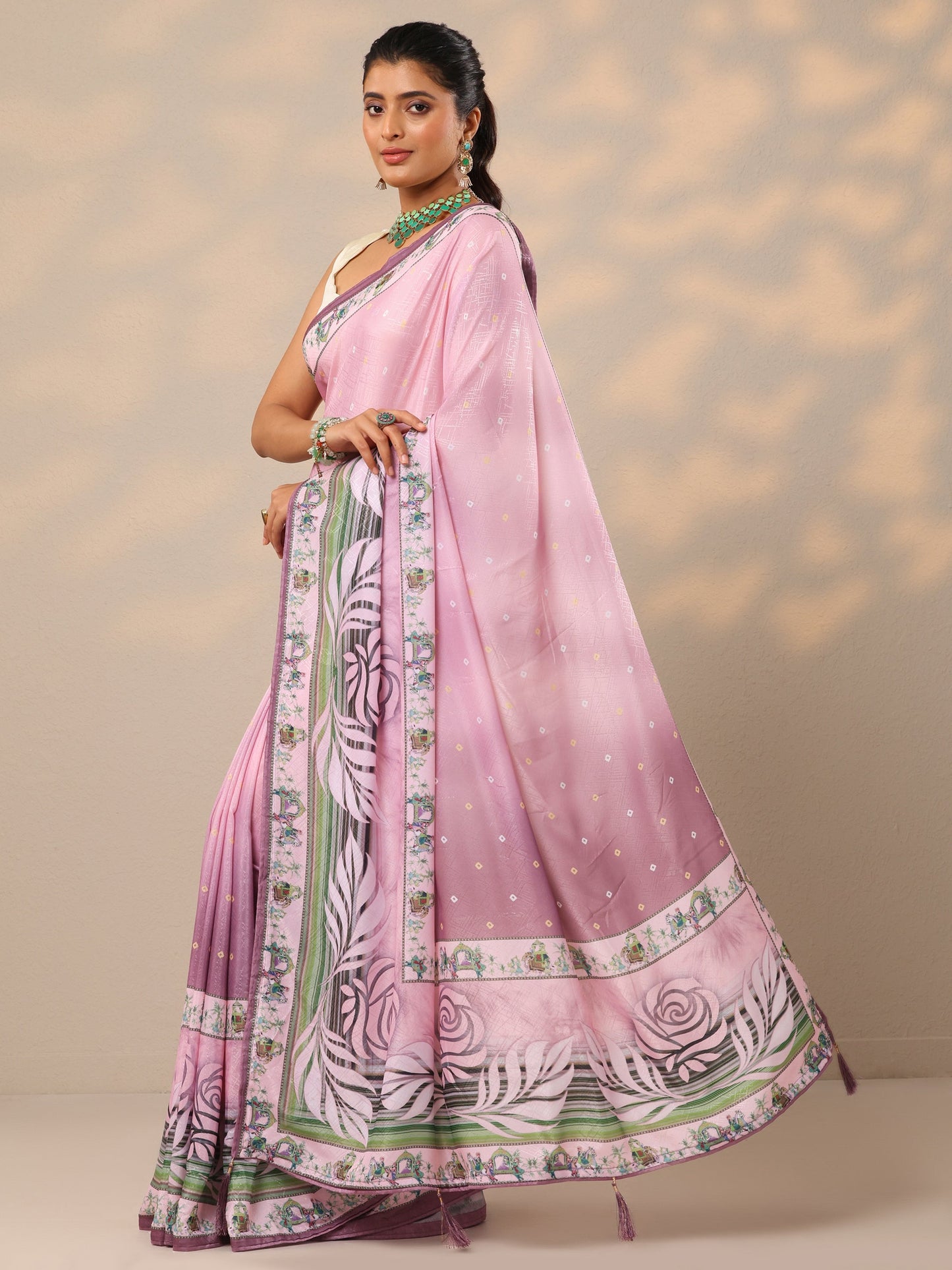 Pink Printed Silk Blend Sarees With Unstitched Blouse Piece
