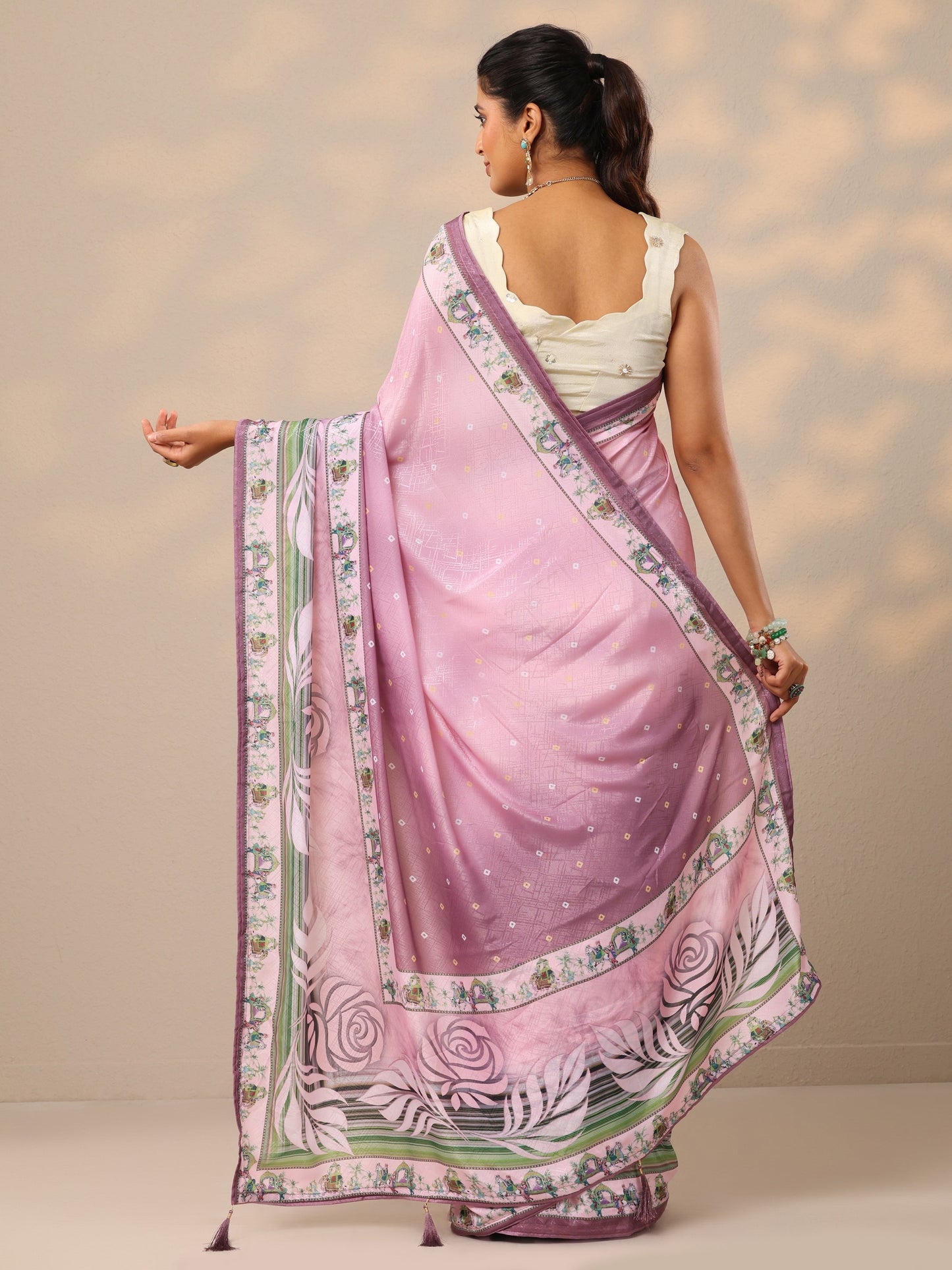 Pink Printed Silk Blend Sarees With Unstitched Blouse Piece