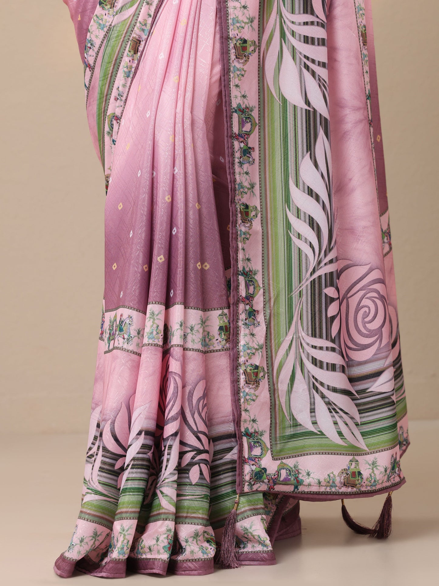 Pink Printed Silk Blend Sarees With Unstitched Blouse Piece