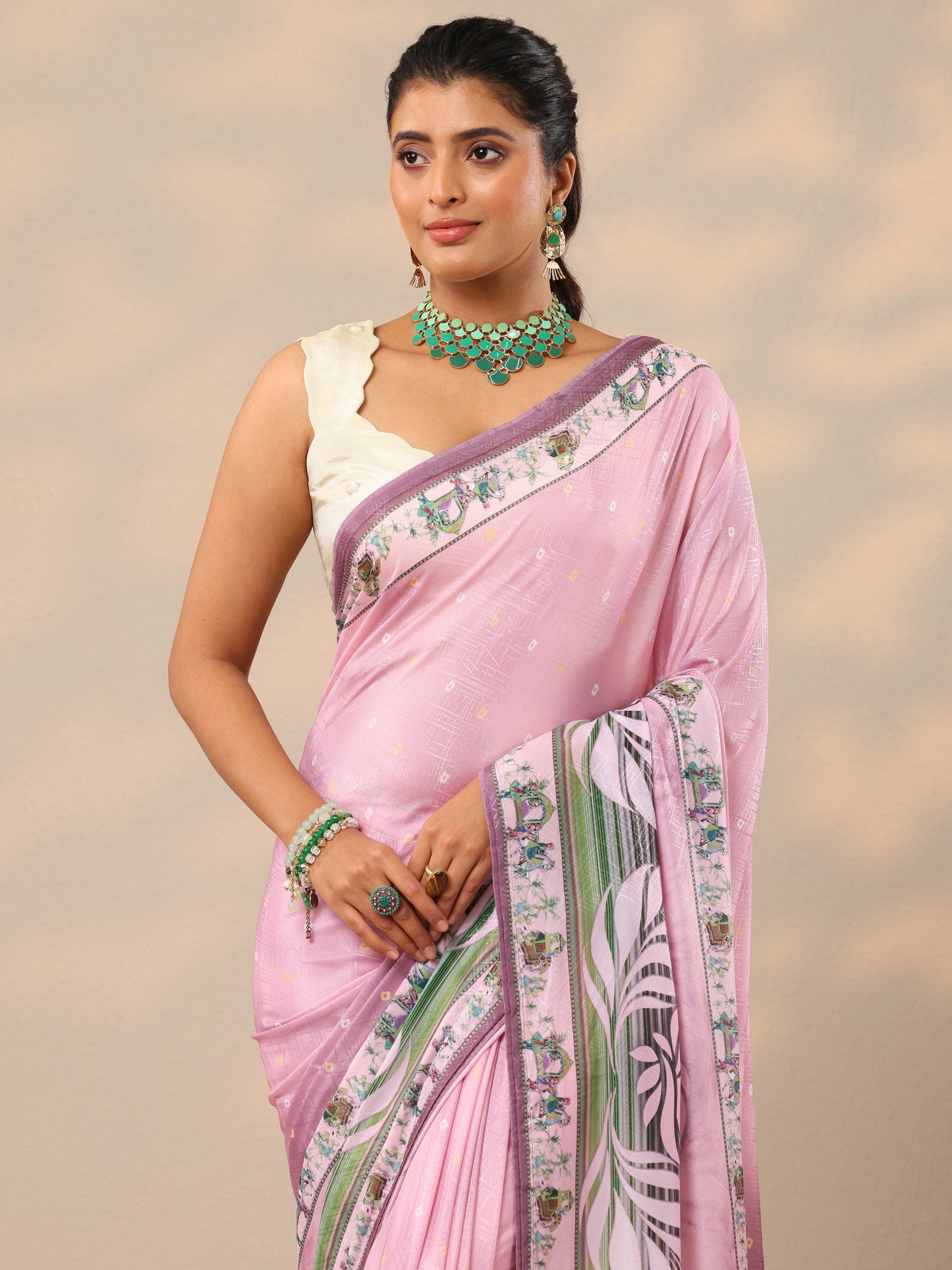 Pink Printed Silk Blend Sarees With Unstitched Blouse Piece