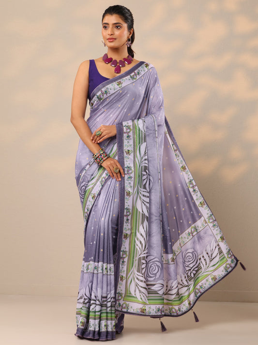 Purple Printed Silk Blend Sarees With Unstitched Blouse Piece