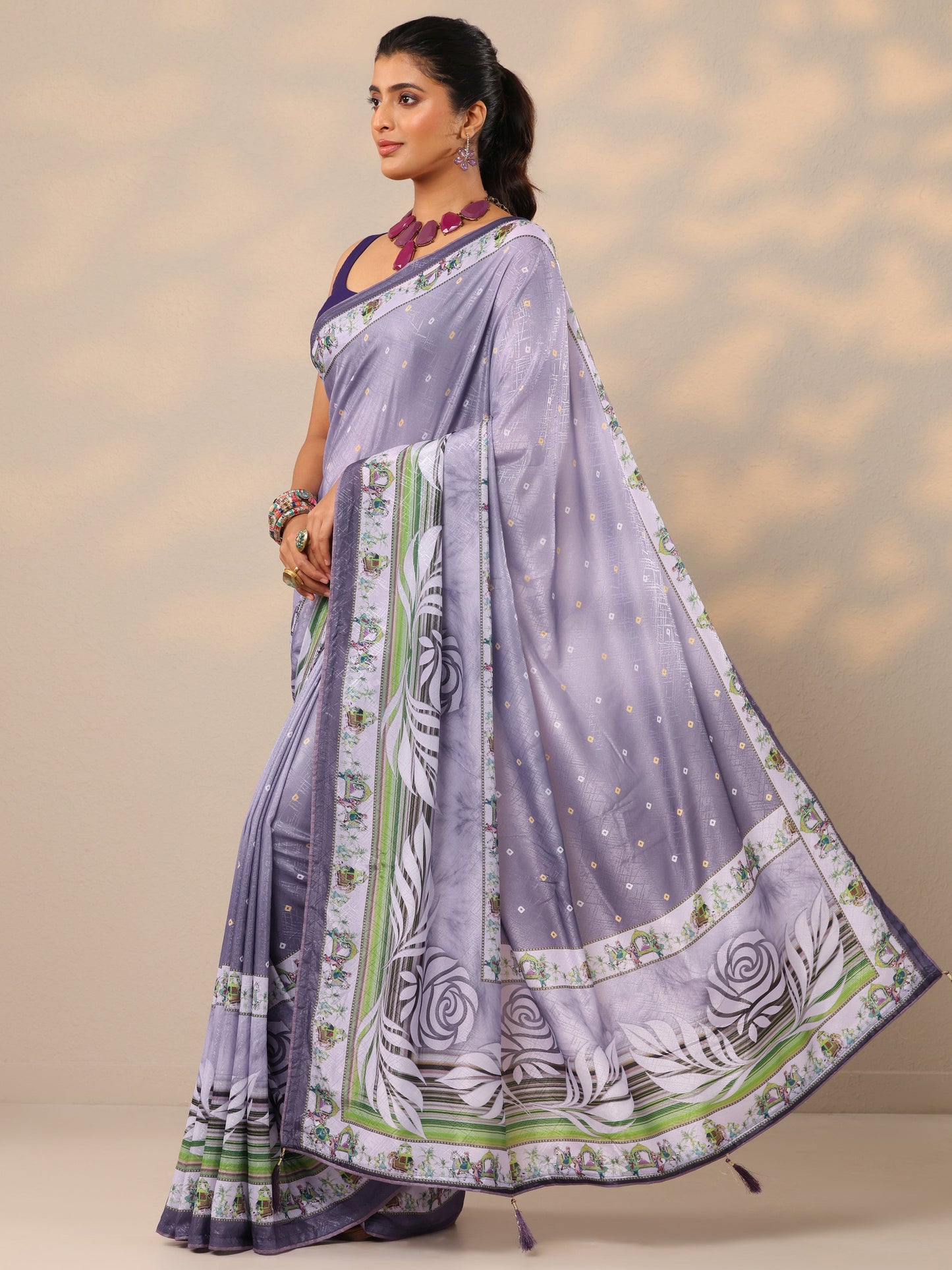 Purple Printed Silk Blend Sarees With Unstitched Blouse Piece