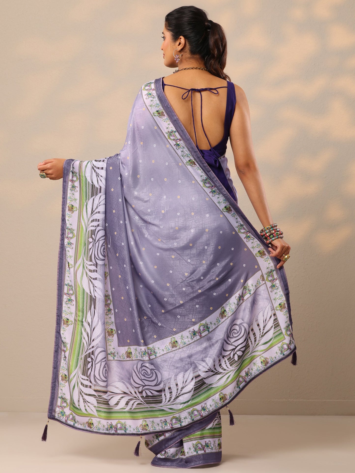 Purple Printed Silk Blend Sarees With Unstitched Blouse Piece