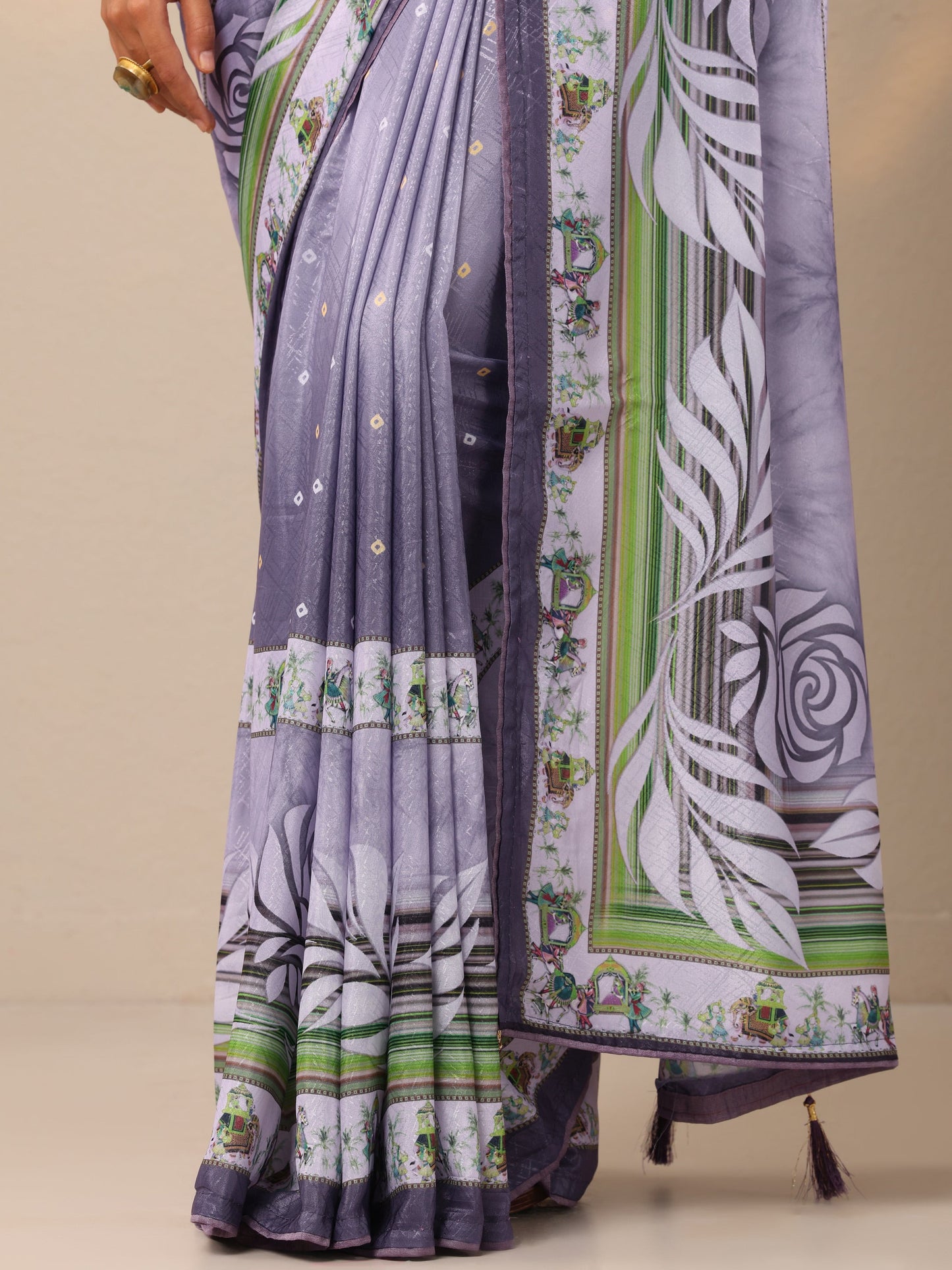 Purple Printed Silk Blend Sarees With Unstitched Blouse Piece
