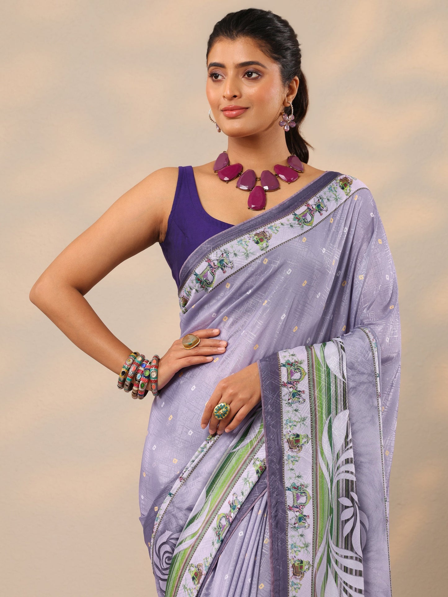 Purple Printed Silk Blend Sarees With Unstitched Blouse Piece
