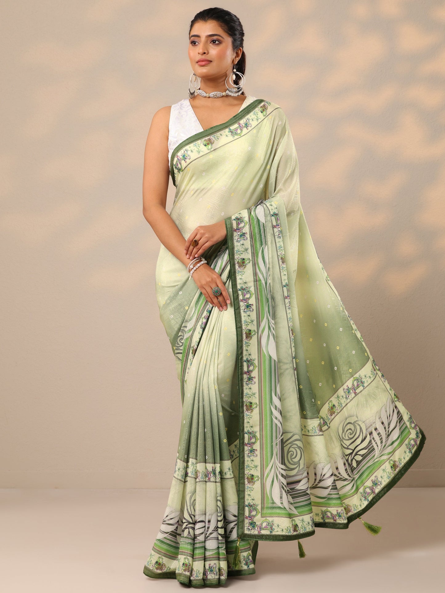 Green Printed Silk Blend Sarees With Unstitched Blouse Piece