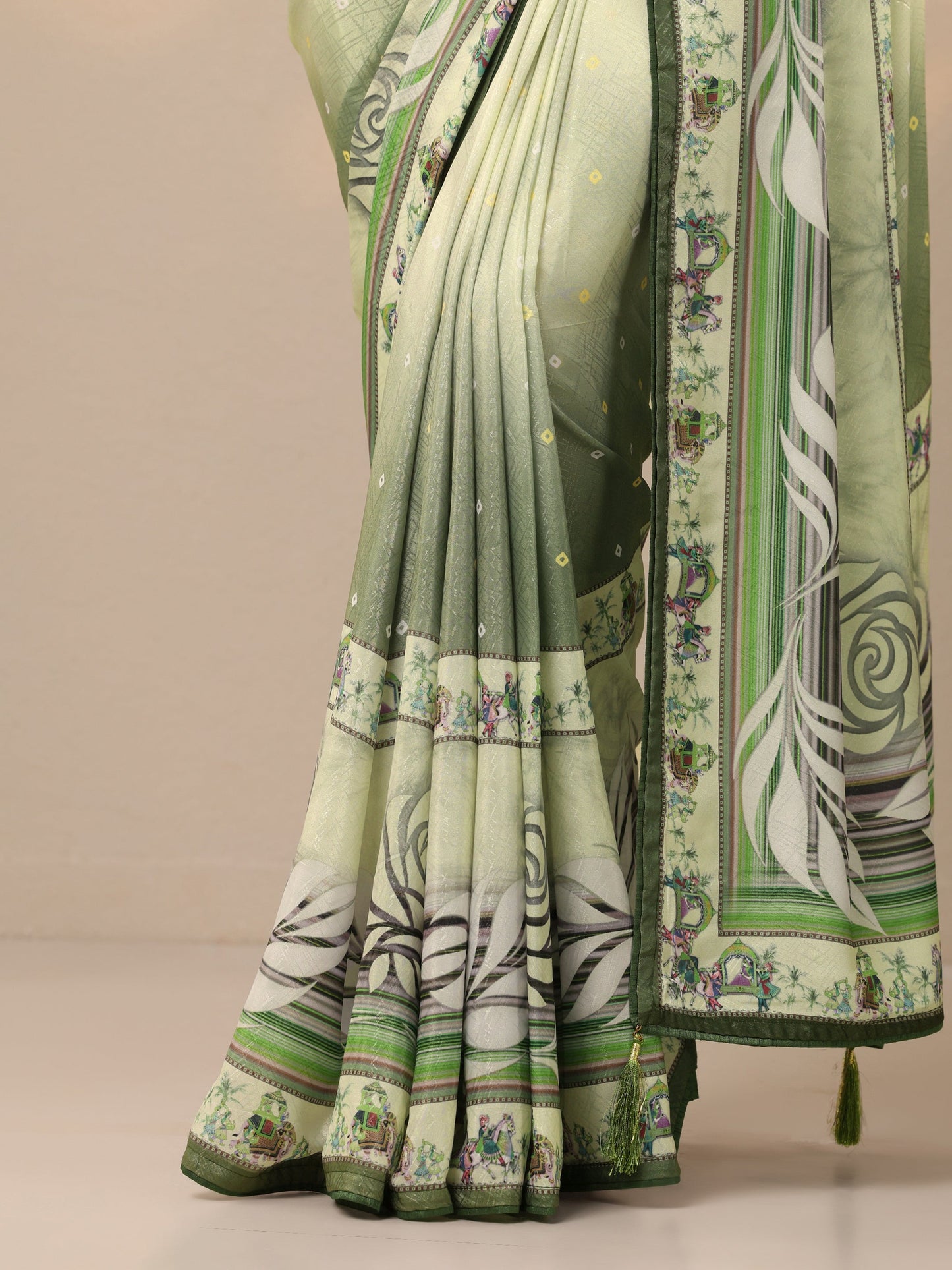 Green Printed Silk Blend Sarees With Unstitched Blouse Piece