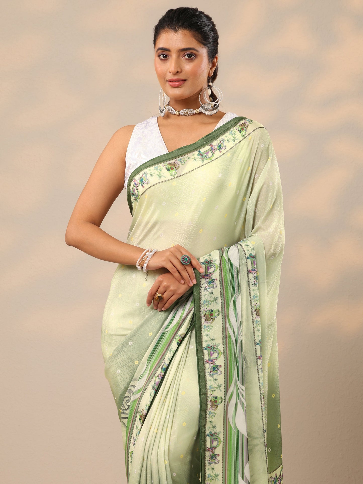 Green Printed Silk Blend Sarees With Unstitched Blouse Piece