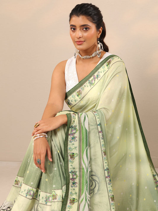 Green Printed Silk Blend Sarees With Unstitched Blouse Piece