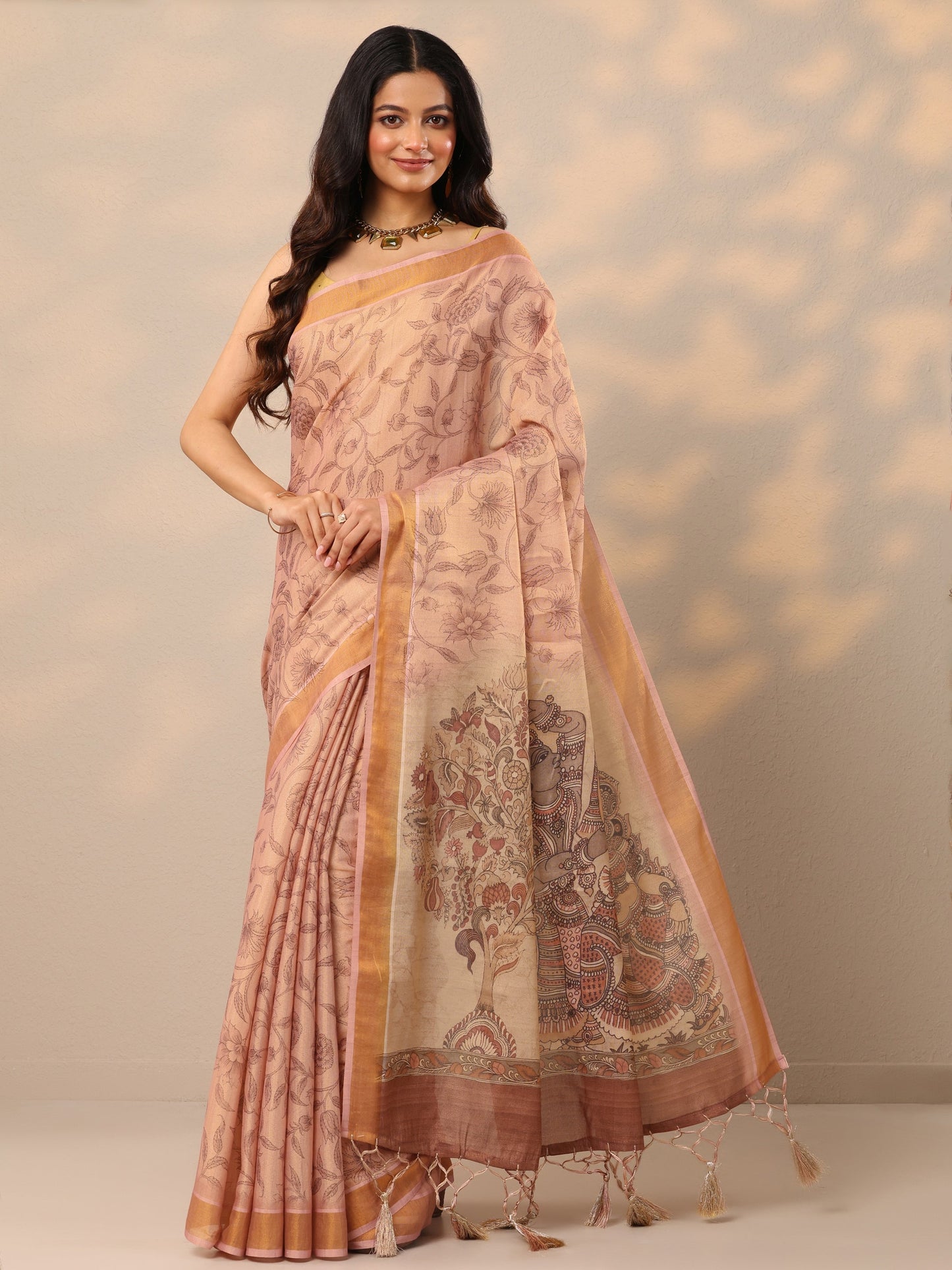 Peach Printed Silk Blend Sarees With Unstitched Blouse Piece