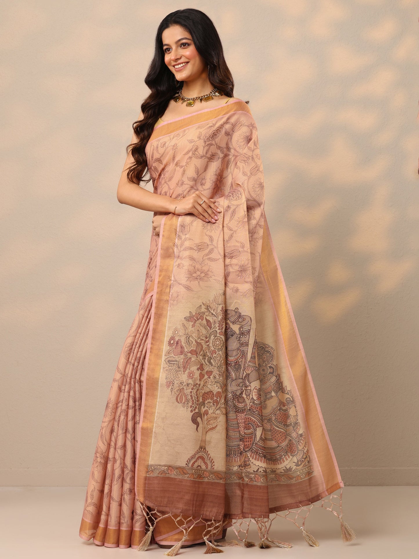 Peach Printed Silk Blend Sarees With Unstitched Blouse Piece