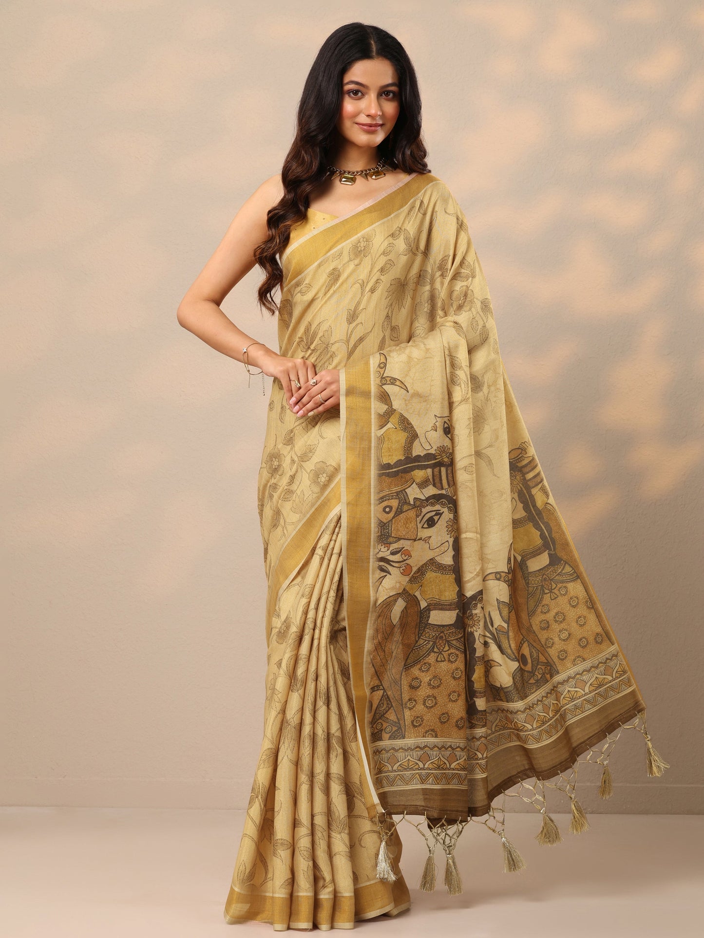 Beige Printed Silk Blend Sarees With Unstitched Blouse Piece