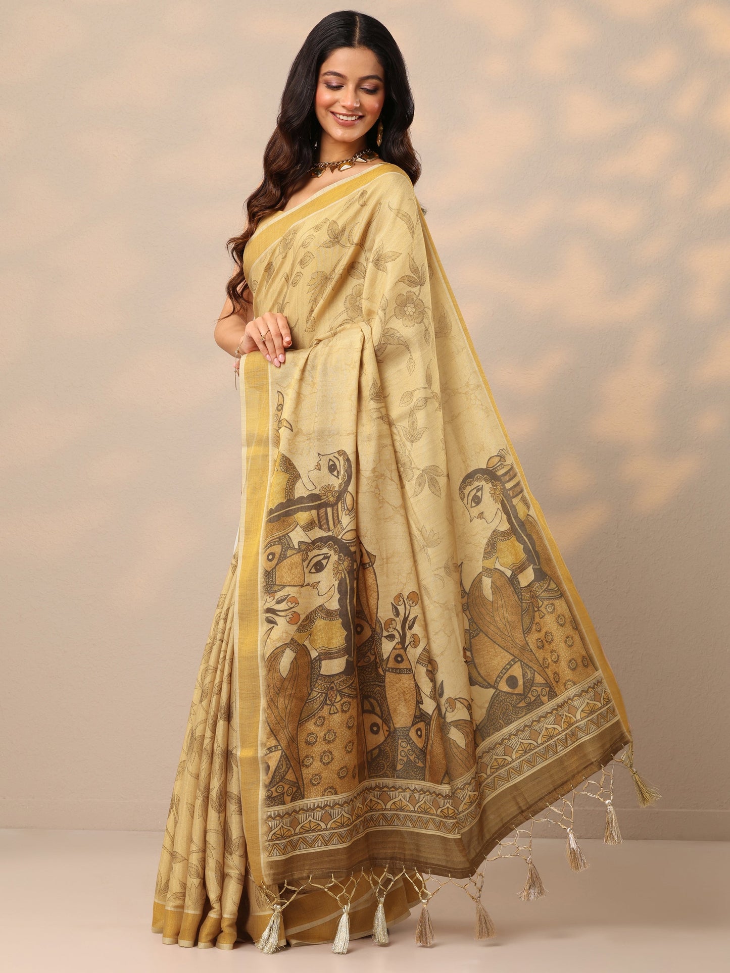 Beige Printed Silk Blend Sarees With Unstitched Blouse Piece