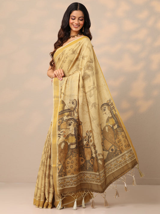 Beige Printed Silk Blend Sarees With Unstitched Blouse Piece