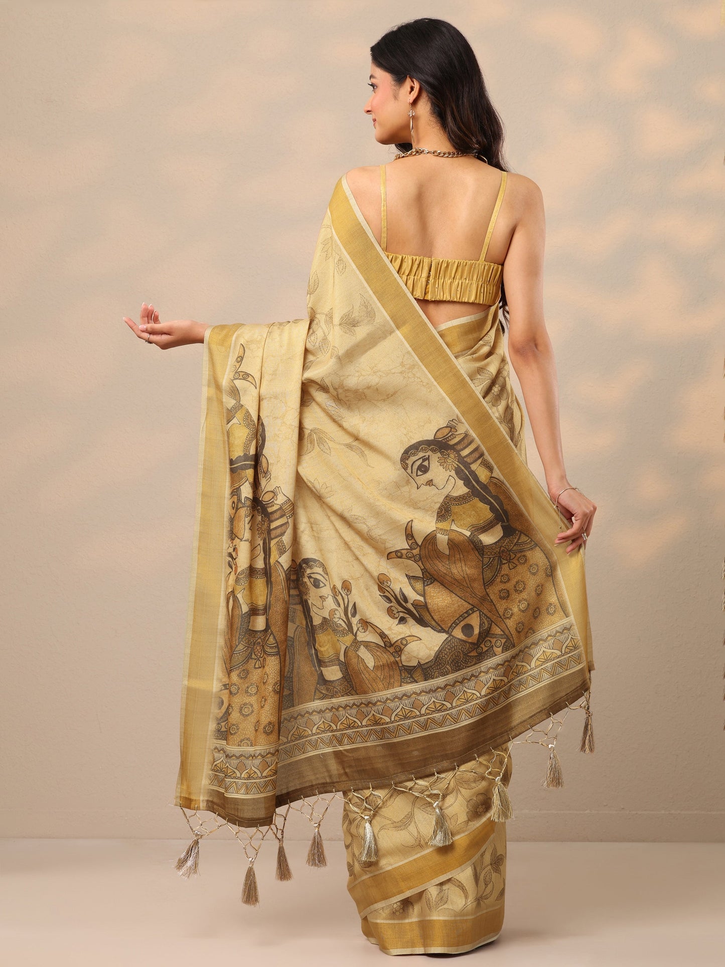 Beige Printed Silk Blend Sarees With Unstitched Blouse Piece