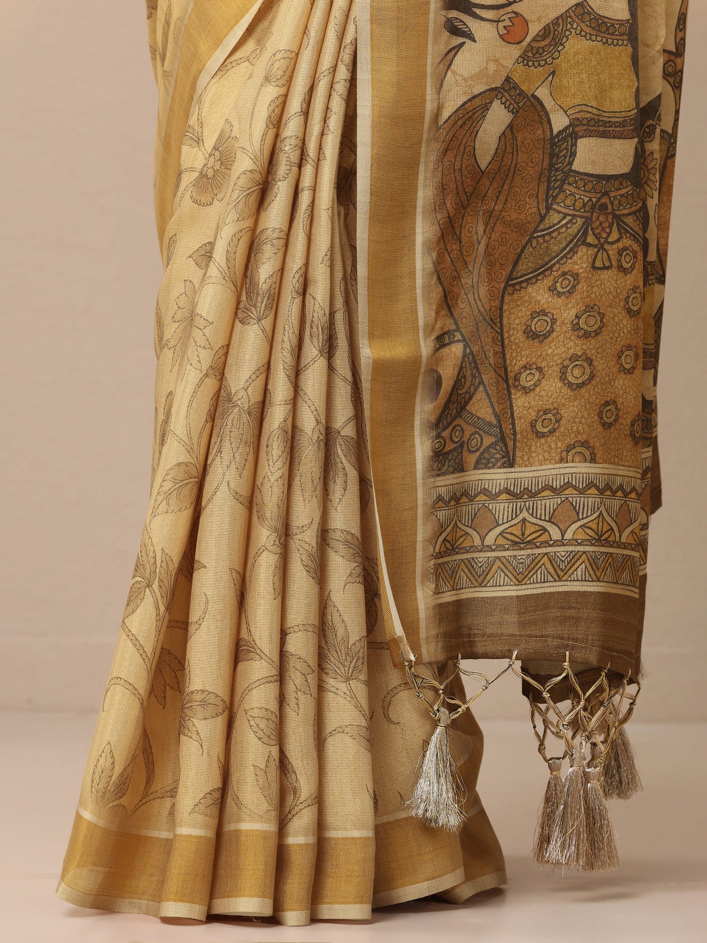 Beige Printed Silk Blend Sarees With Unstitched Blouse Piece