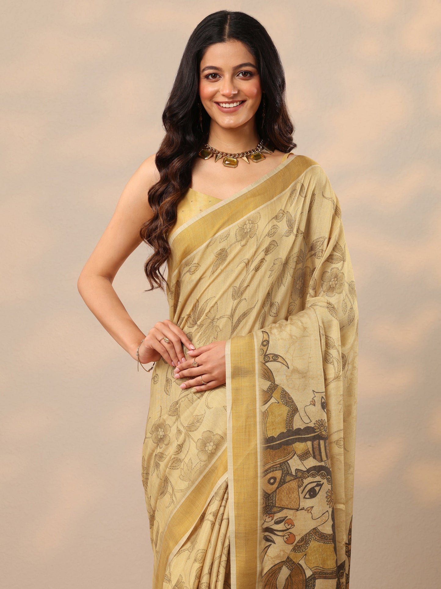Beige Printed Silk Blend Sarees With Unstitched Blouse Piece