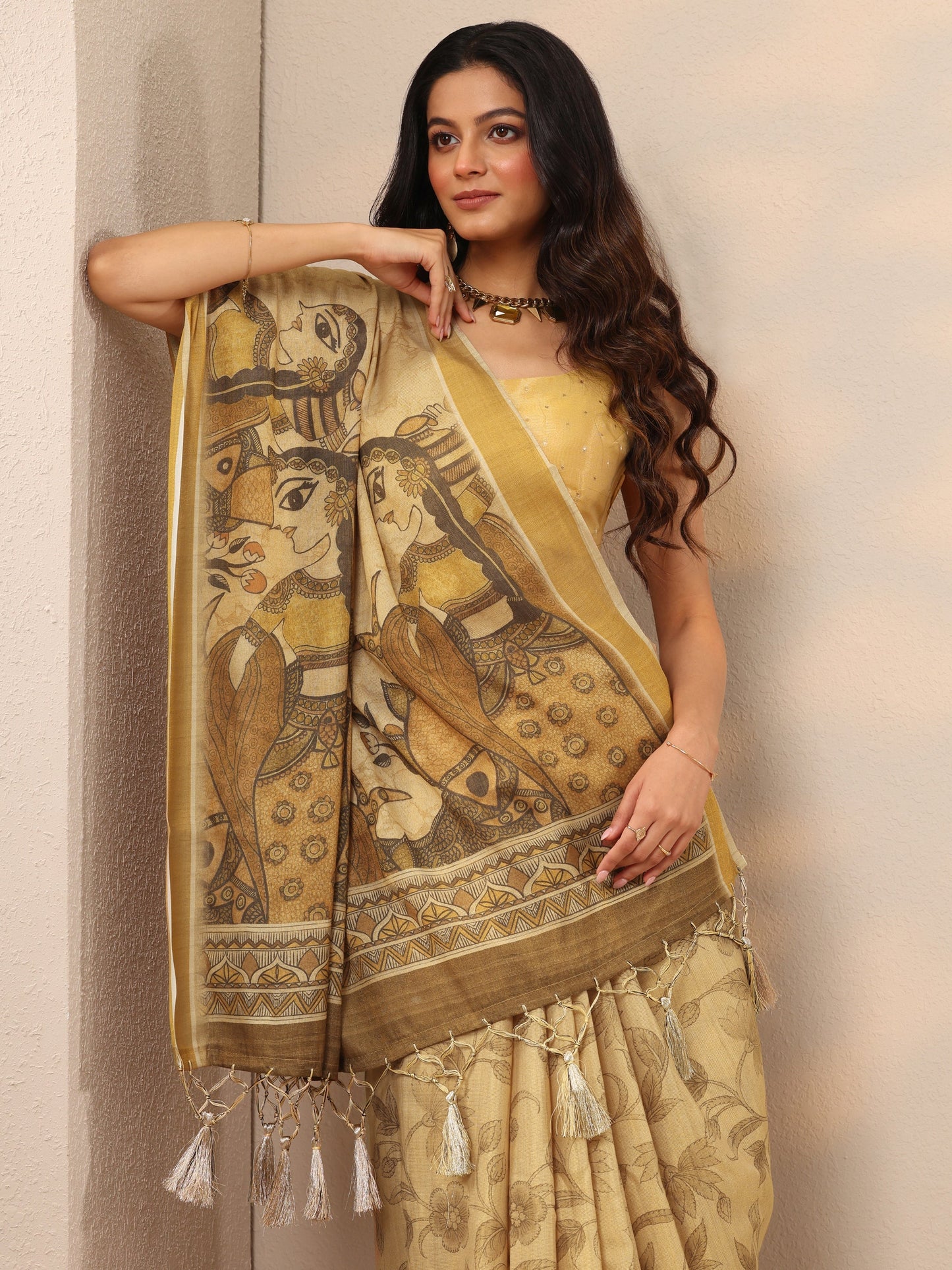 Beige Printed Silk Blend Sarees With Unstitched Blouse Piece
