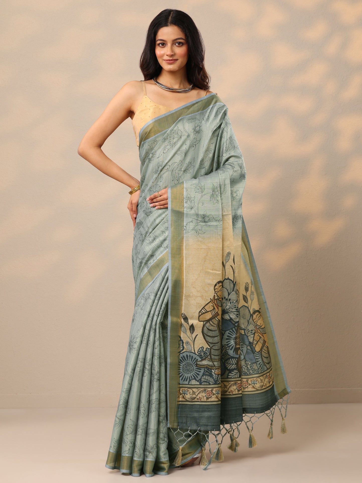 Blue Printed Silk Blend Sarees With Unstitched Blouse Piece