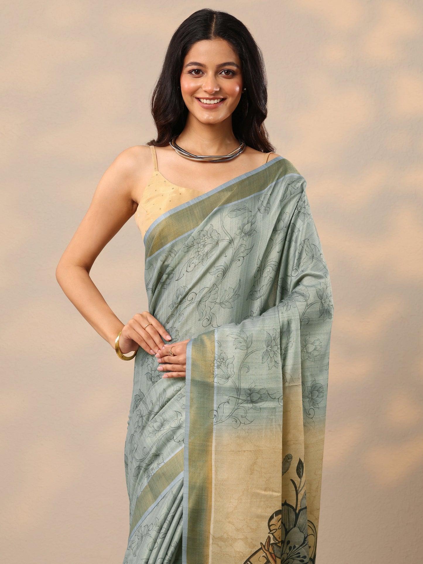 Blue Printed Silk Blend Sarees With Unstitched Blouse Piece