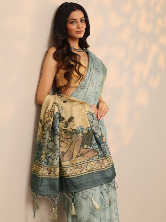 Blue Printed Silk Blend Sarees With Unstitched Blouse Piece