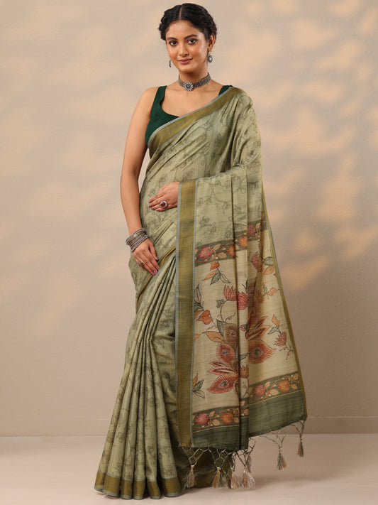 Green Printed Silk blend Saree With Unstitched Blouse Piece