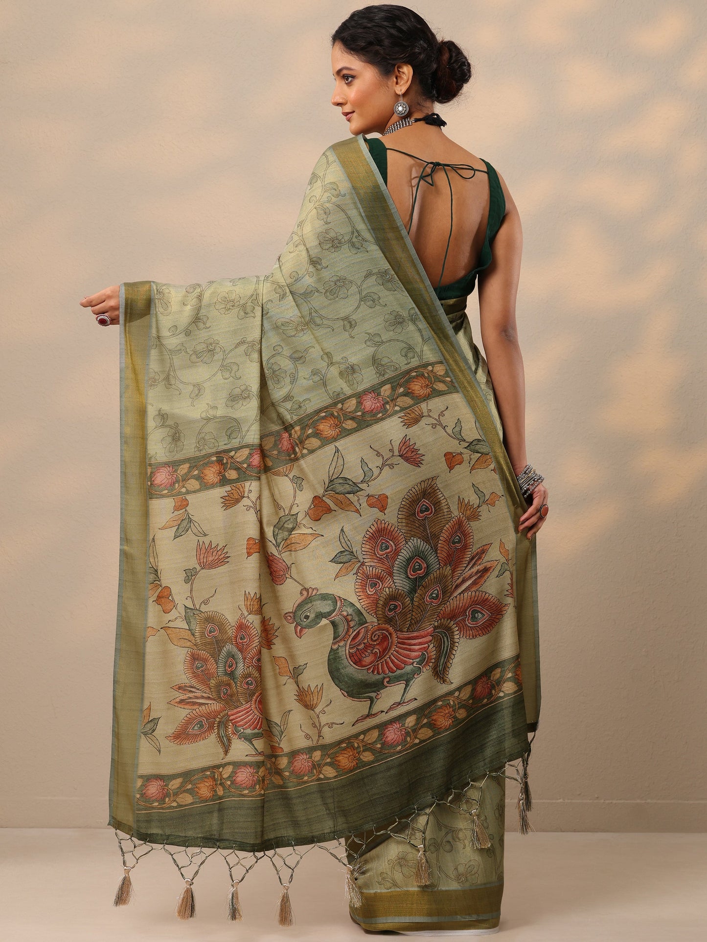 Green Printed Silk blend Saree With Unstitched Blouse Piece