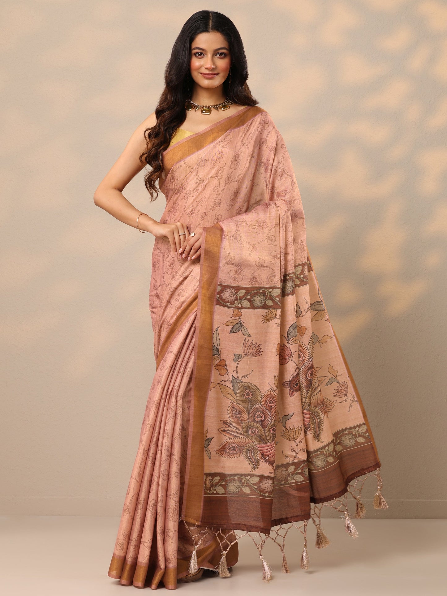Peach Printed Silk Blend Sarees With Unstitched Blouse Piece