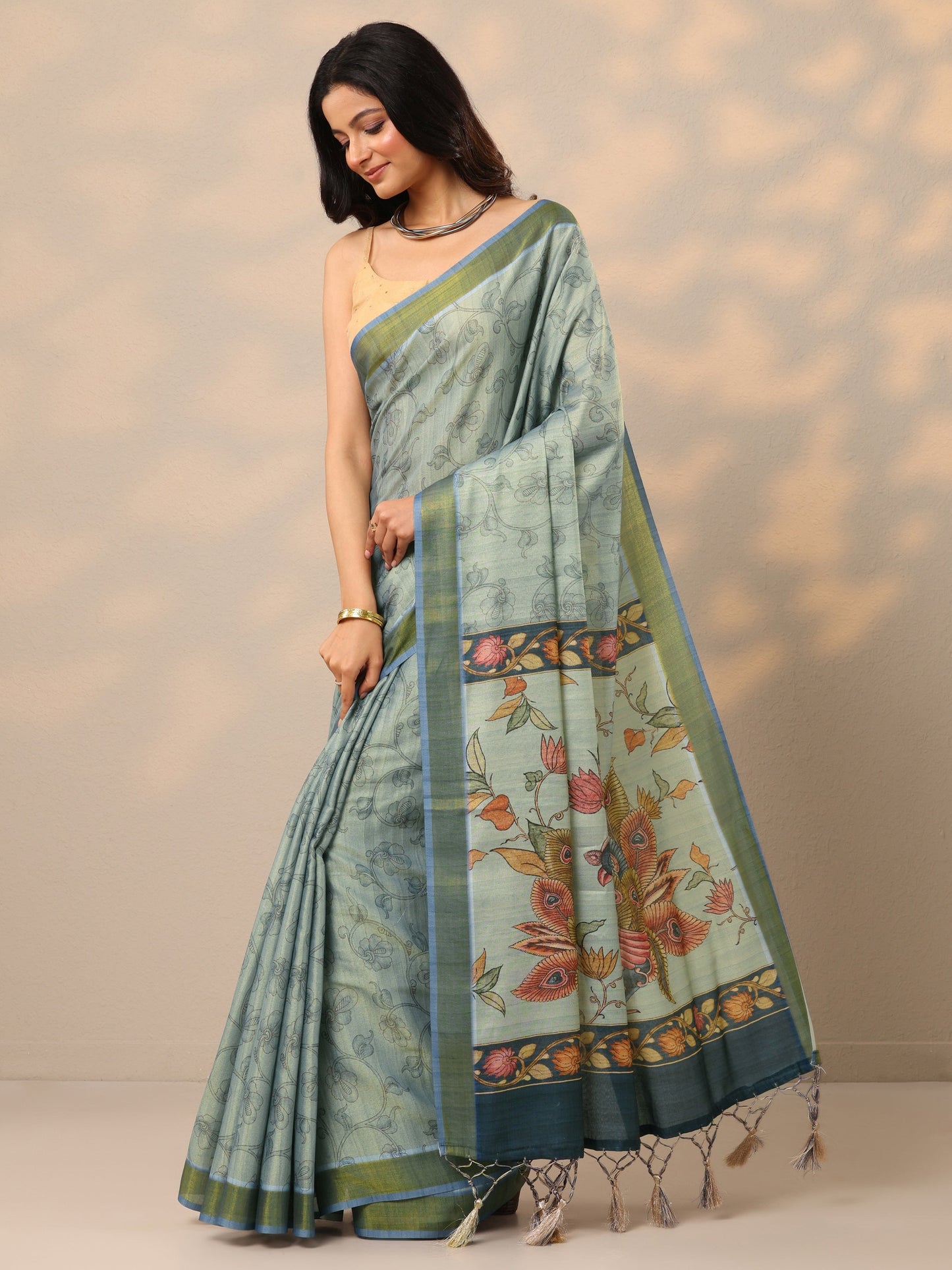Blue Printed Silk Blend Sarees With Unstitched Blouse Piece