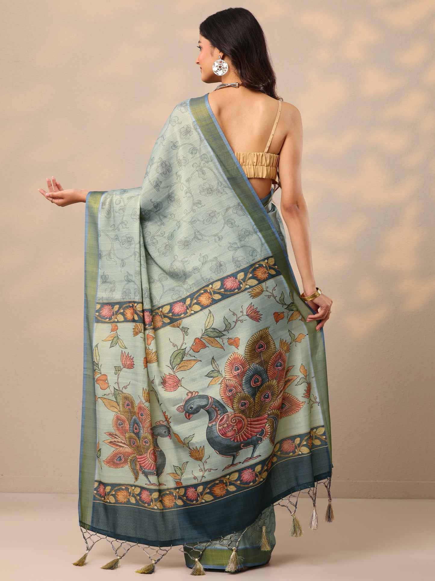 Blue Printed Silk Blend Sarees With Unstitched Blouse Piece