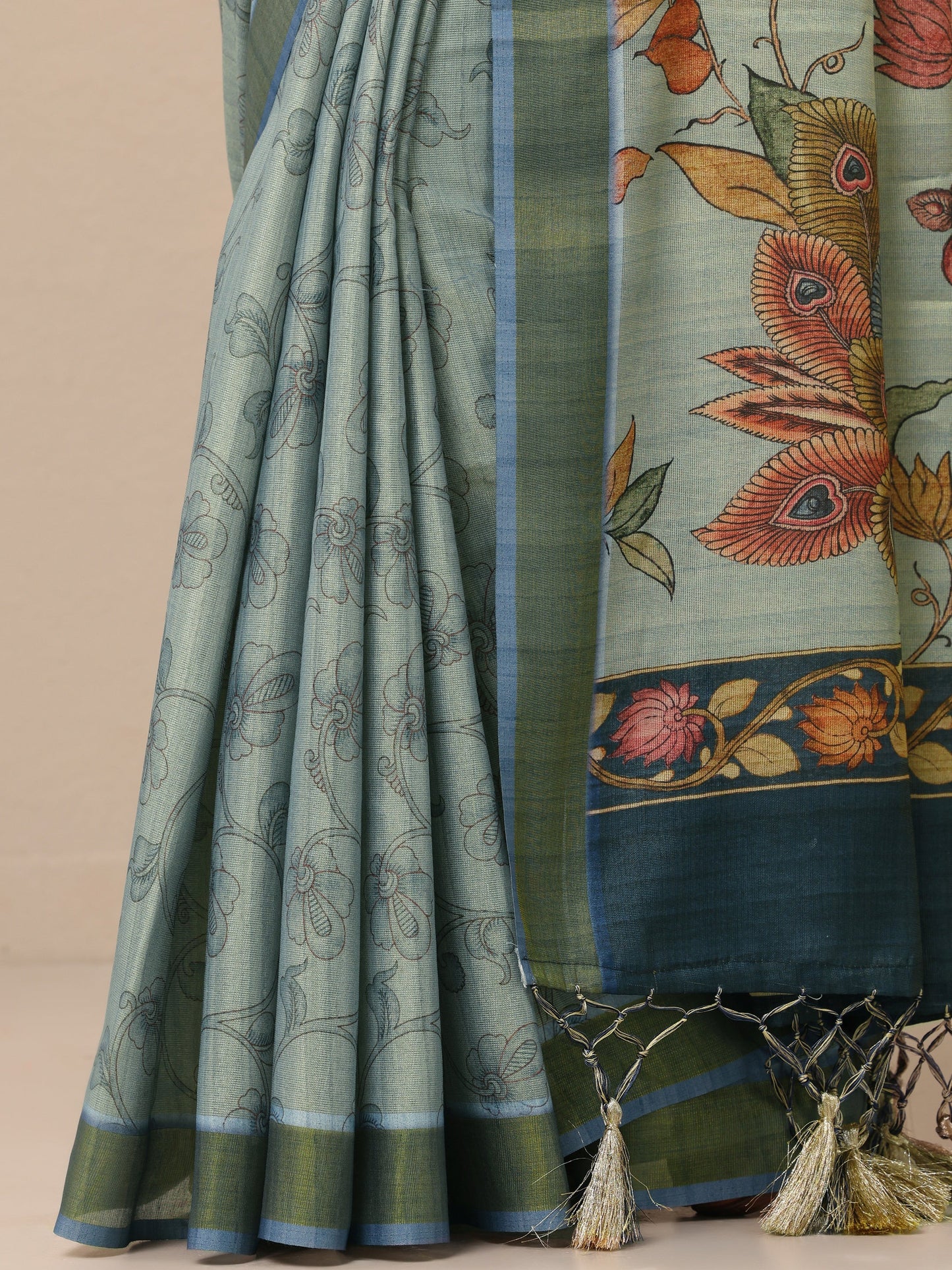 Blue Printed Silk Blend Sarees With Unstitched Blouse Piece