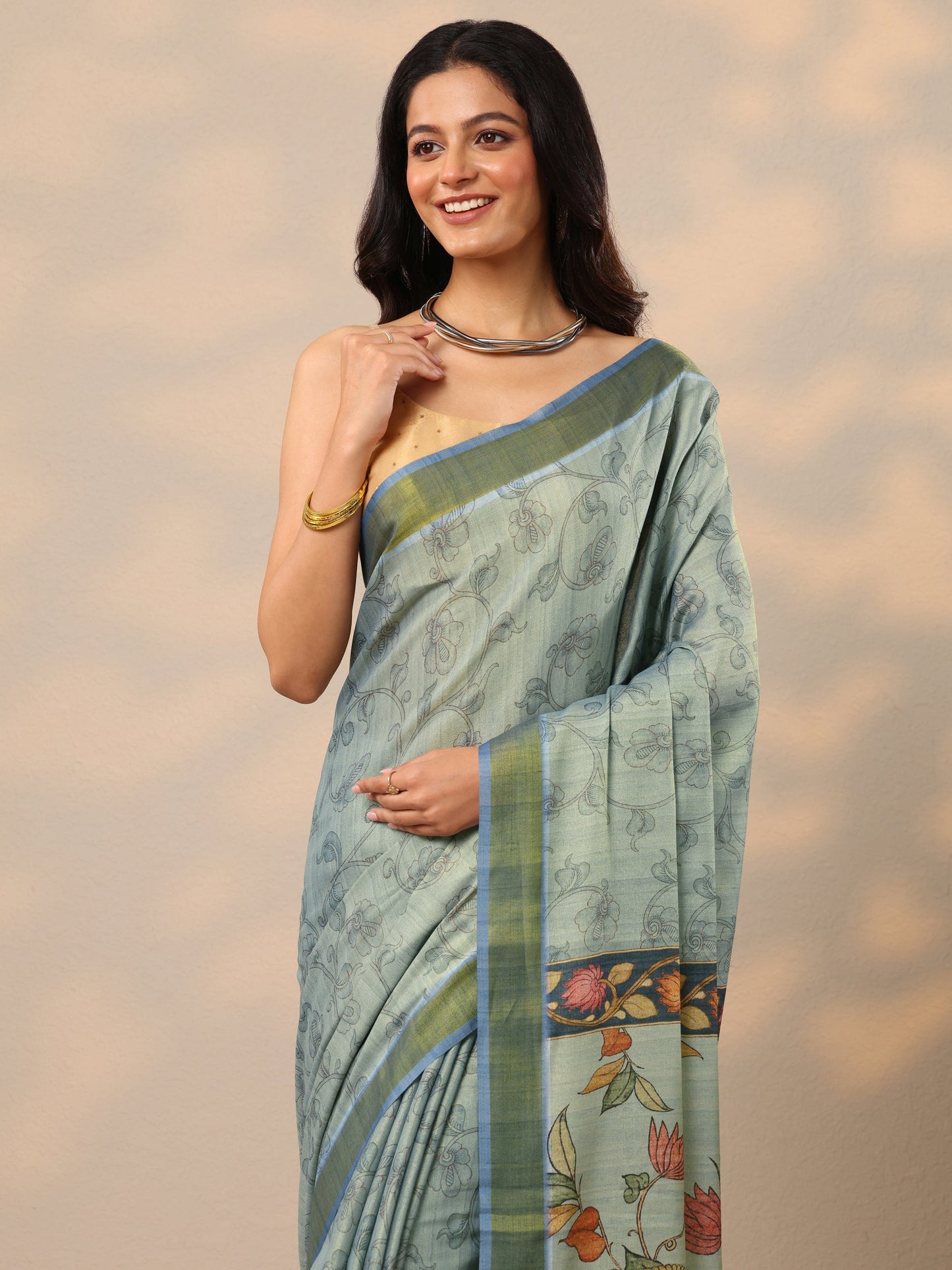 Blue Printed Silk Blend Sarees With Unstitched Blouse Piece