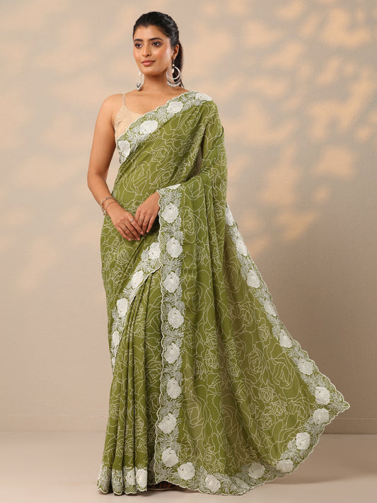 Green Printed Georgette Sarees With Unstitched Blouse Piece