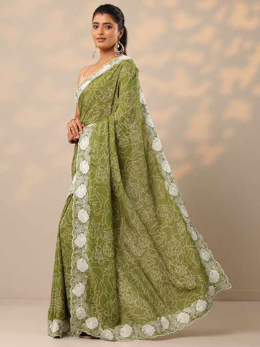 Green Printed Georgette Sarees With Unstitched Blouse Piece