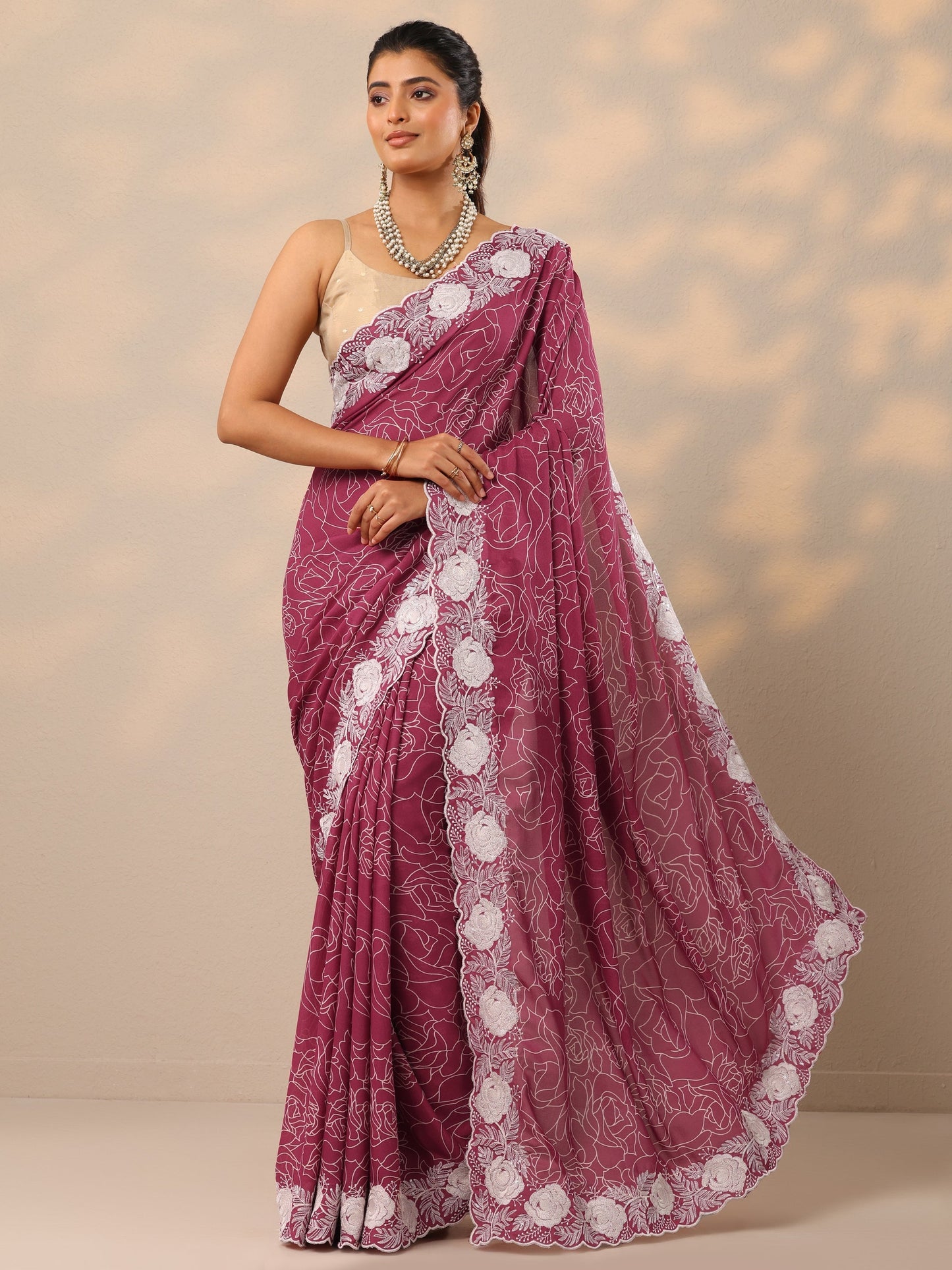 Pink Printed Georgette Sarees With Unstitched Blouse Piece