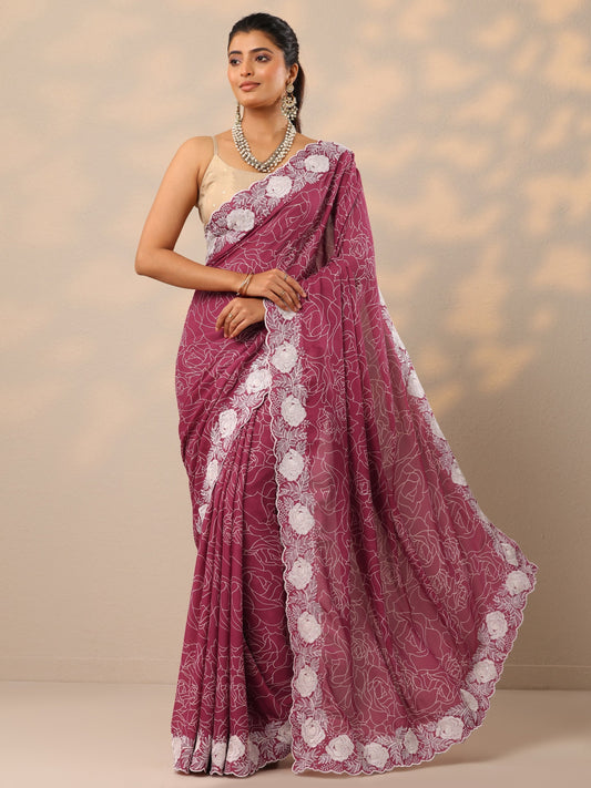 Pink Printed Georgette Sarees With Unstitched Blouse Piece