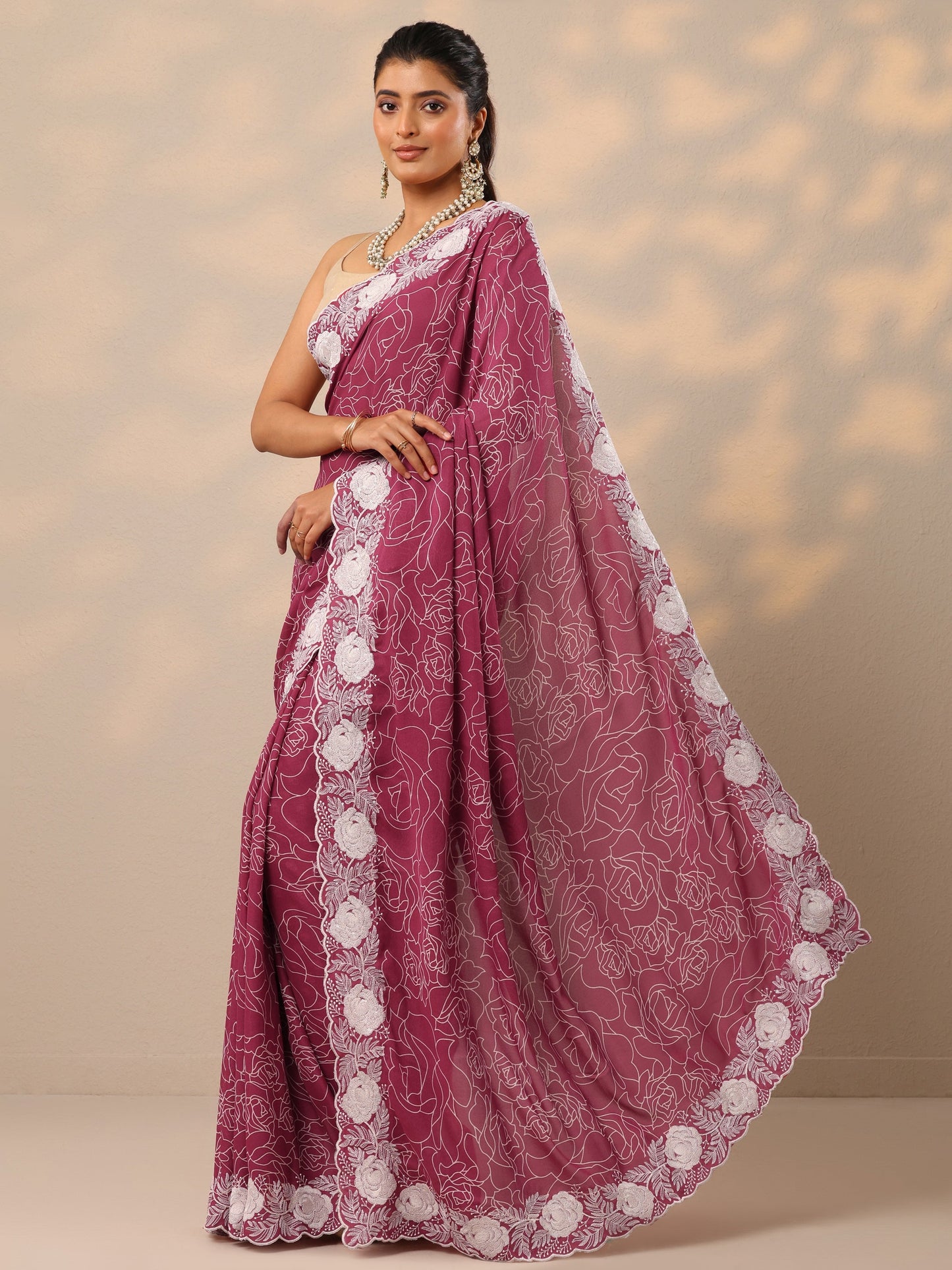 Pink Printed Georgette Sarees With Unstitched Blouse Piece