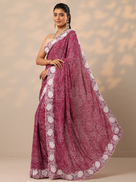 Pink Printed Georgette Sarees With Unstitched Blouse Piece
