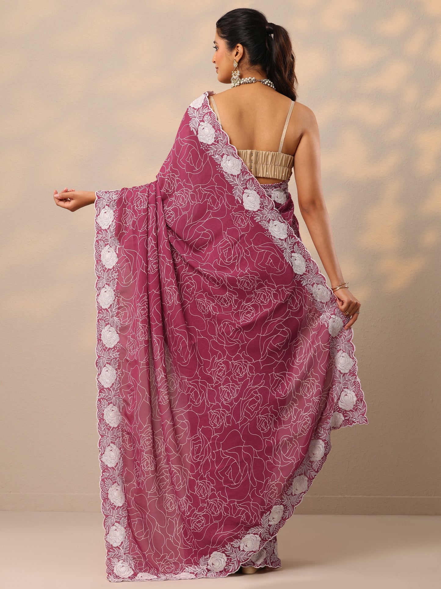 Pink Printed Georgette Sarees With Unstitched Blouse Piece