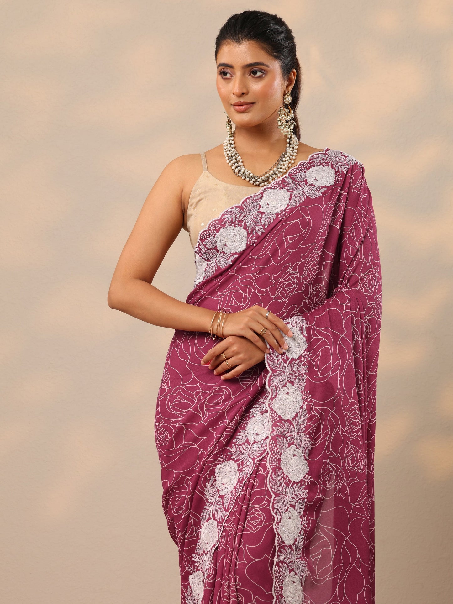 Pink Printed Georgette Sarees With Unstitched Blouse Piece