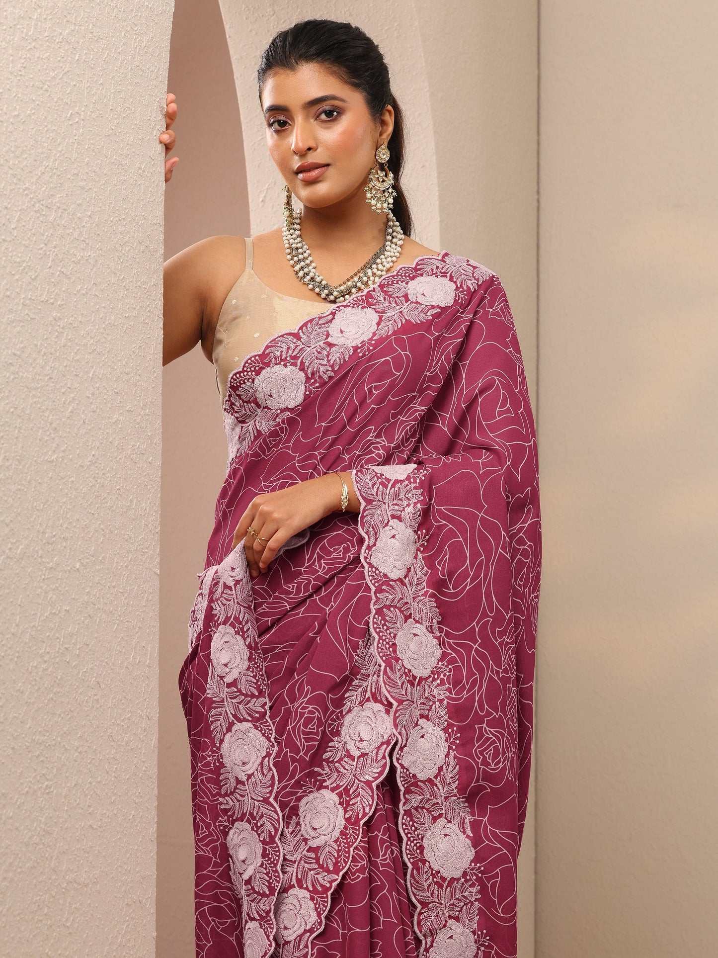 Pink Printed Georgette Sarees With Unstitched Blouse Piece
