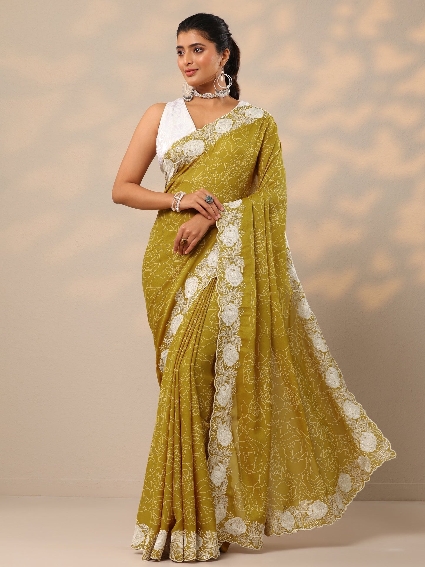 Mustard Printed Georgette Sarees With Unstitched Blouse Piece