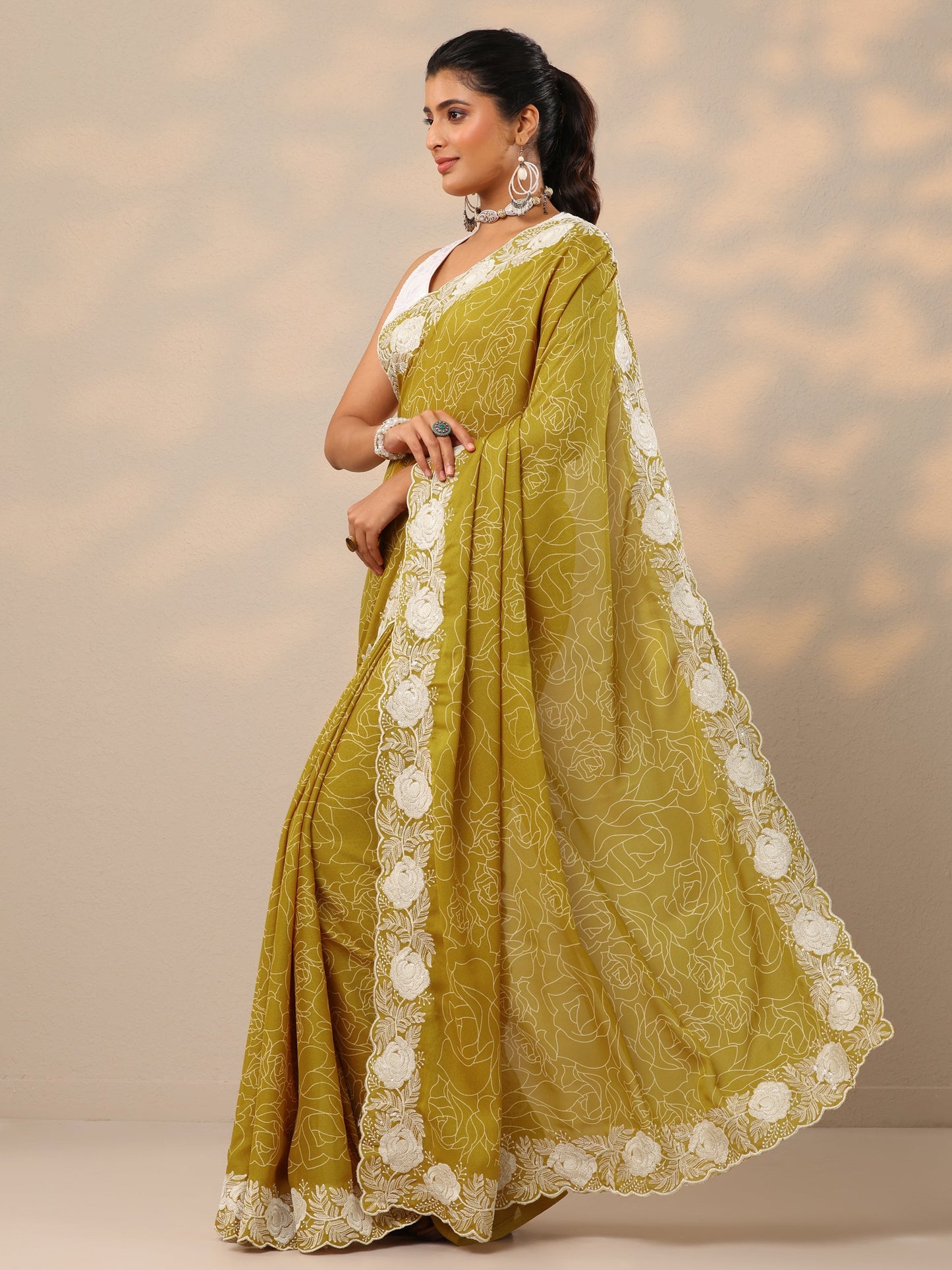 Mustard Printed Georgette Sarees With Unstitched Blouse Piece