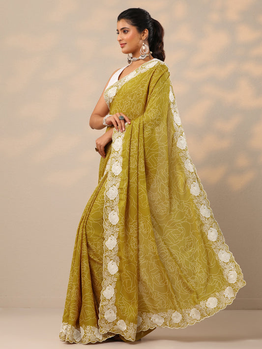 Mustard Printed Georgette Sarees With Unstitched Blouse Piece