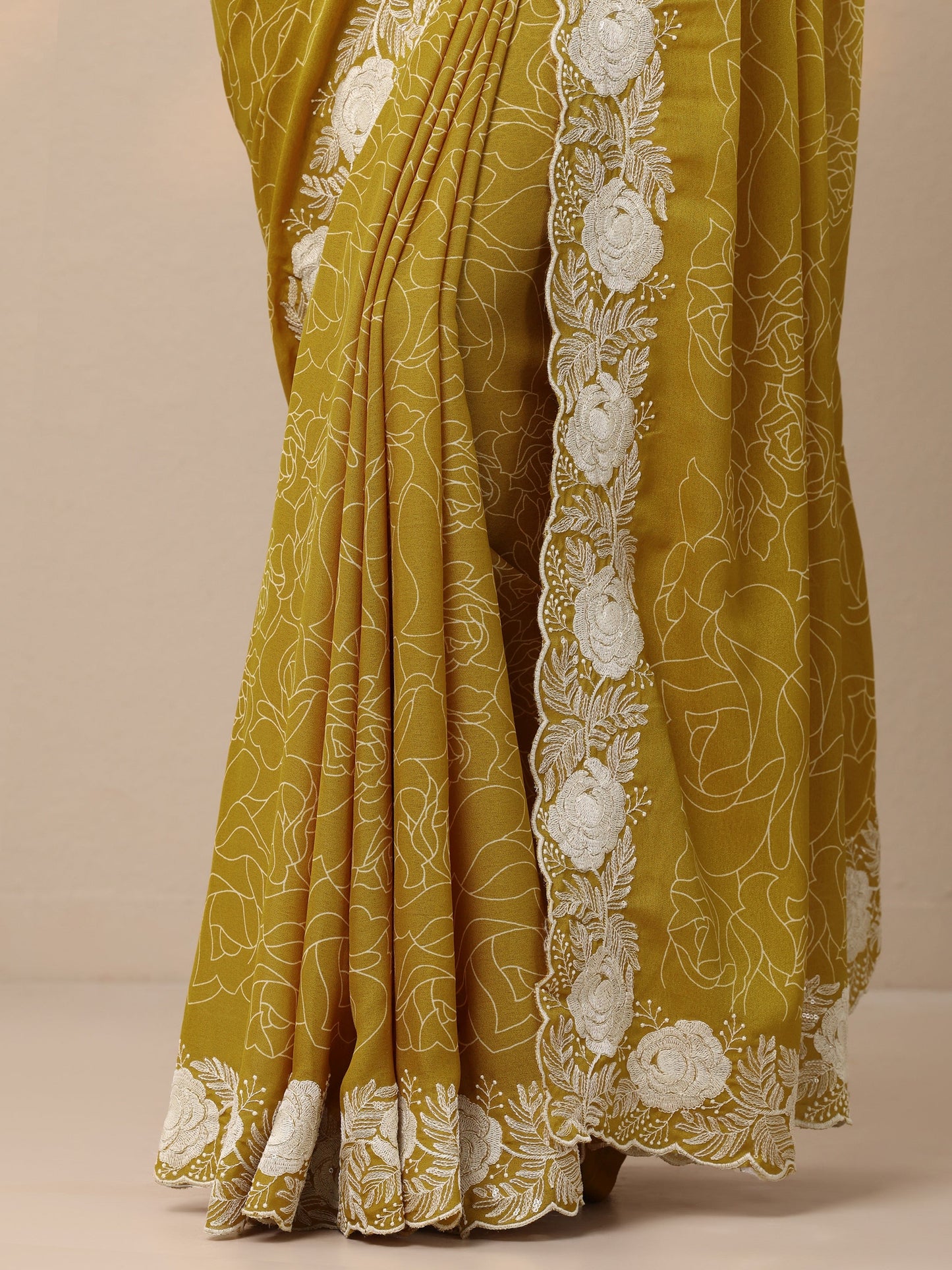 Mustard Printed Georgette Sarees With Unstitched Blouse Piece
