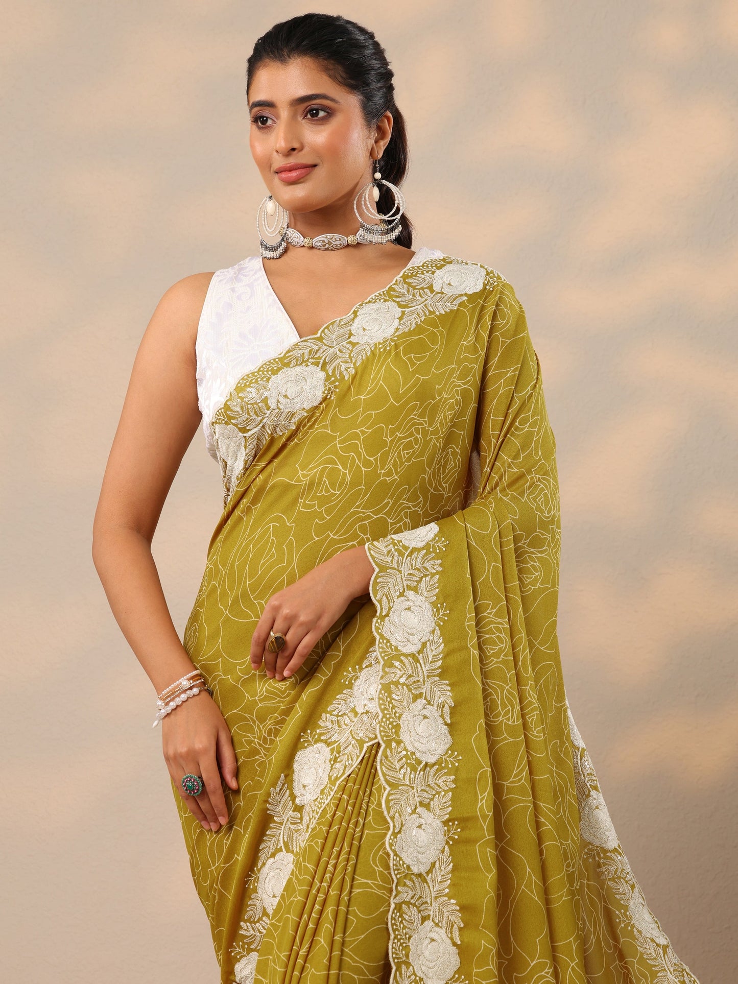 Mustard Printed Georgette Sarees With Unstitched Blouse Piece